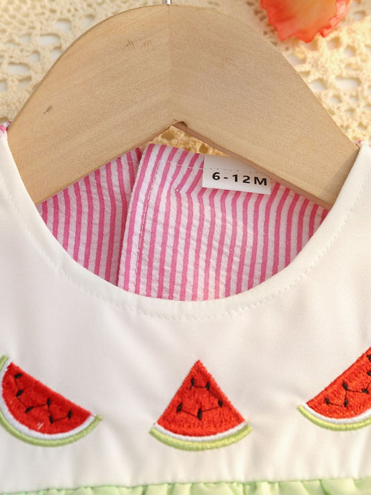 Children's Fruit Embroidered Striped Short Sleeve Dress