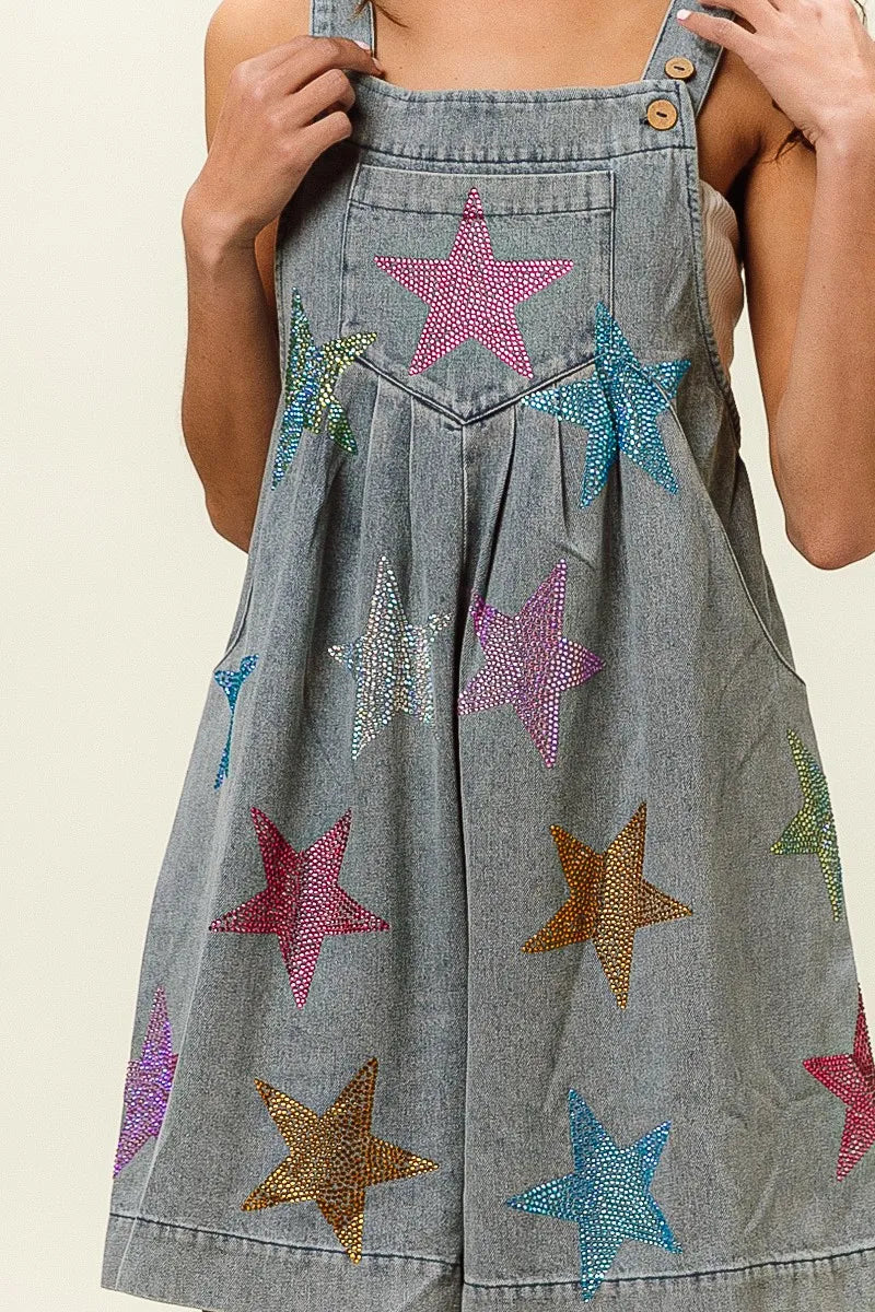 BiBi Star Rhinestone Washed Wide Leg Shortalls