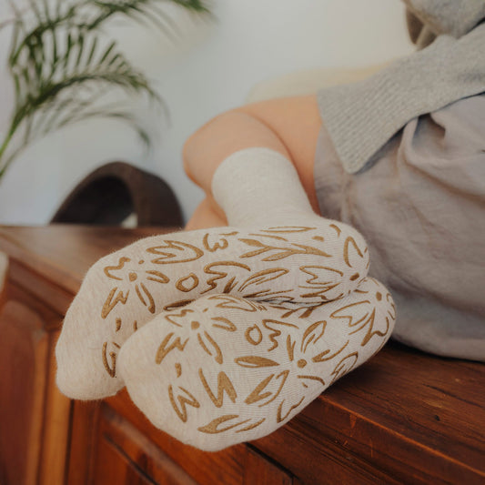 Serene Socks- Adult Organic Cotton Non-Slip Socks- 4 Seasons- Beige- 2 Pairs