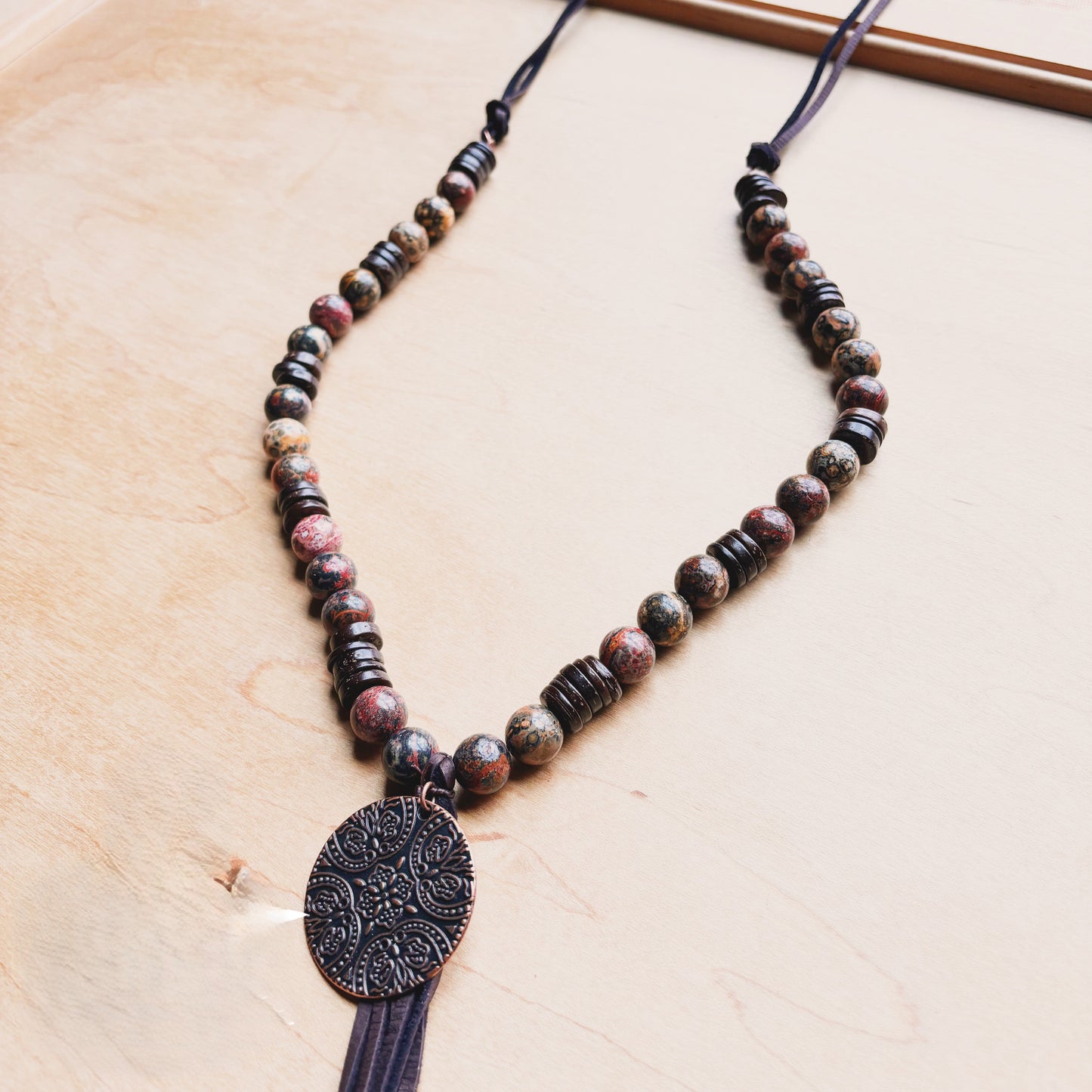 **Leopard Jasper Necklace w/ Wood Beads & Copper Medallion 258c