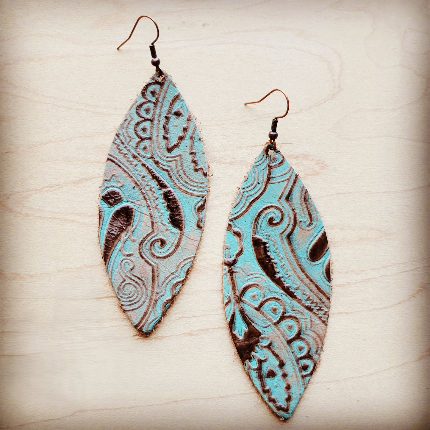 **Narrow Leather Oval Earrings-Napolis Turquoise & Brown 210c