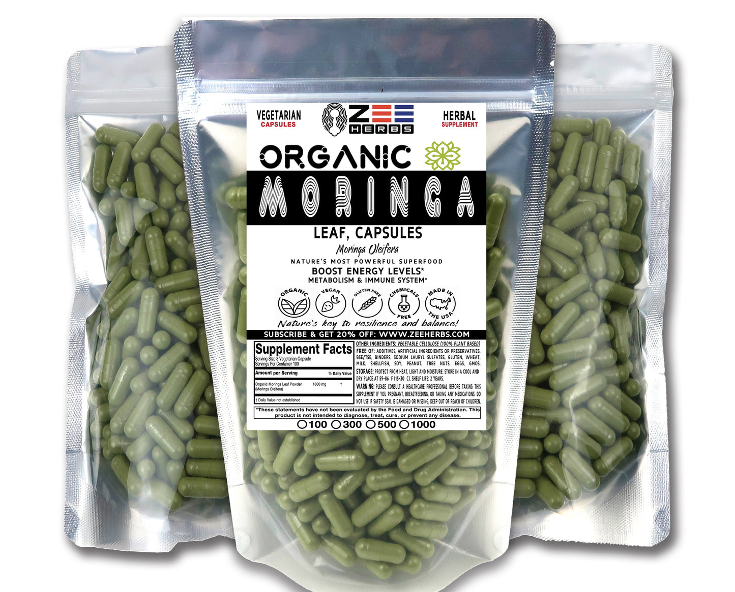 Organic Moringa Capsules 1800mg - High-Potency Superfood for Daily Wellness