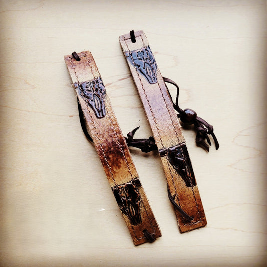 **Narrow Leather Cuff w/ Adjustable Tie Tan Steer Head 013jj