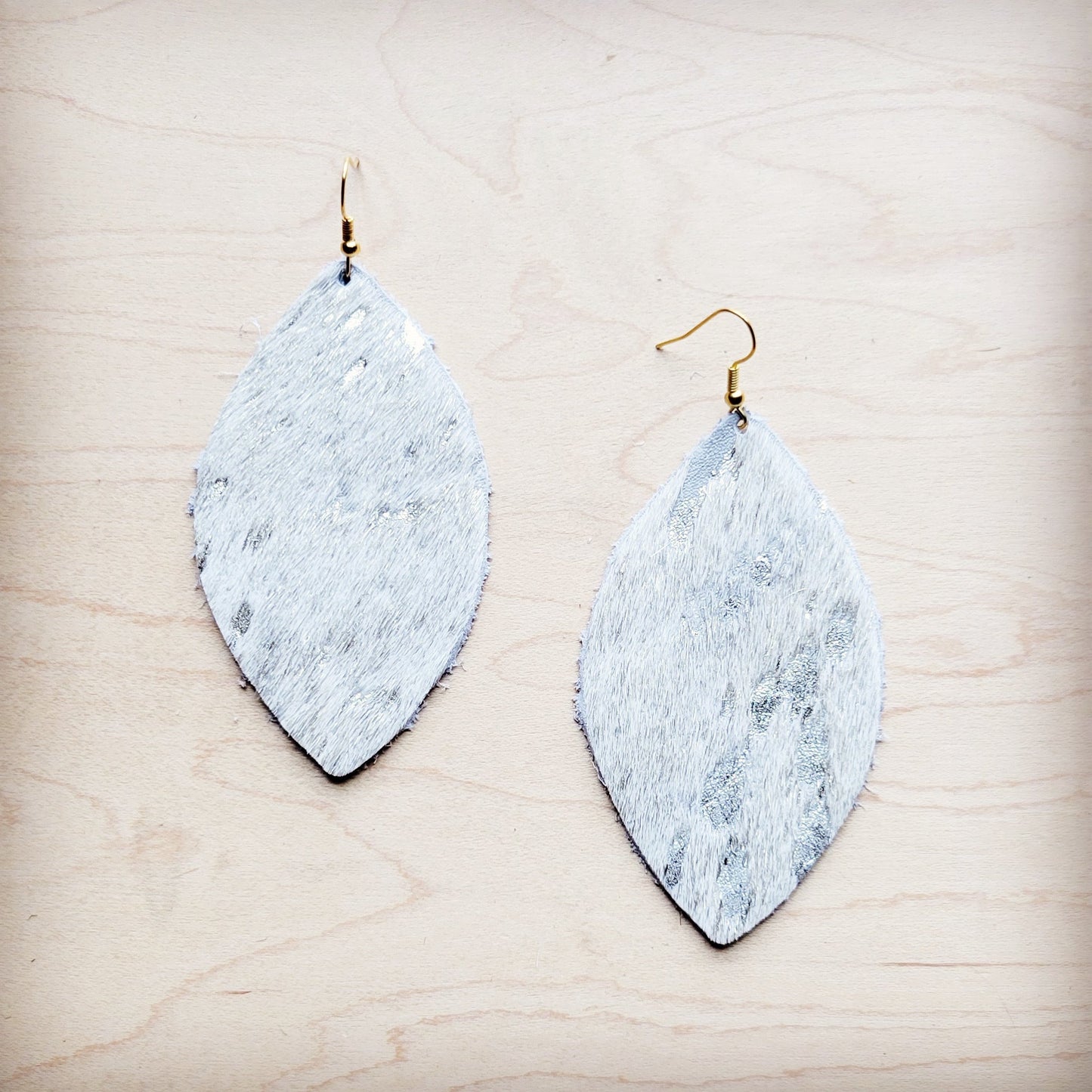 **Leather Oval Earring-Silver Metallic Hair on Hide 225h