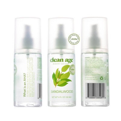 Clean Age Sandalwood AHA Deodorant + Body Spray for Teens 4 fl oz - New