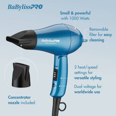BaBylissPRO Nano Titanium Travel Hair Dryer Blue 1000W - Imperfect Box