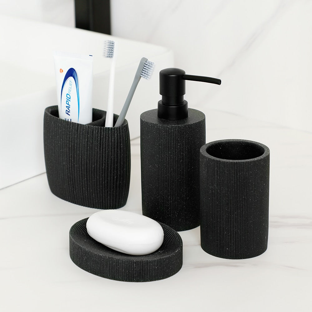 Sleek Black Bathroom Set: Soap Dispenser, Toothbrush Holder, Tumbler, Soap Dish, Mouthwash Cup, Toilet Brush Holder