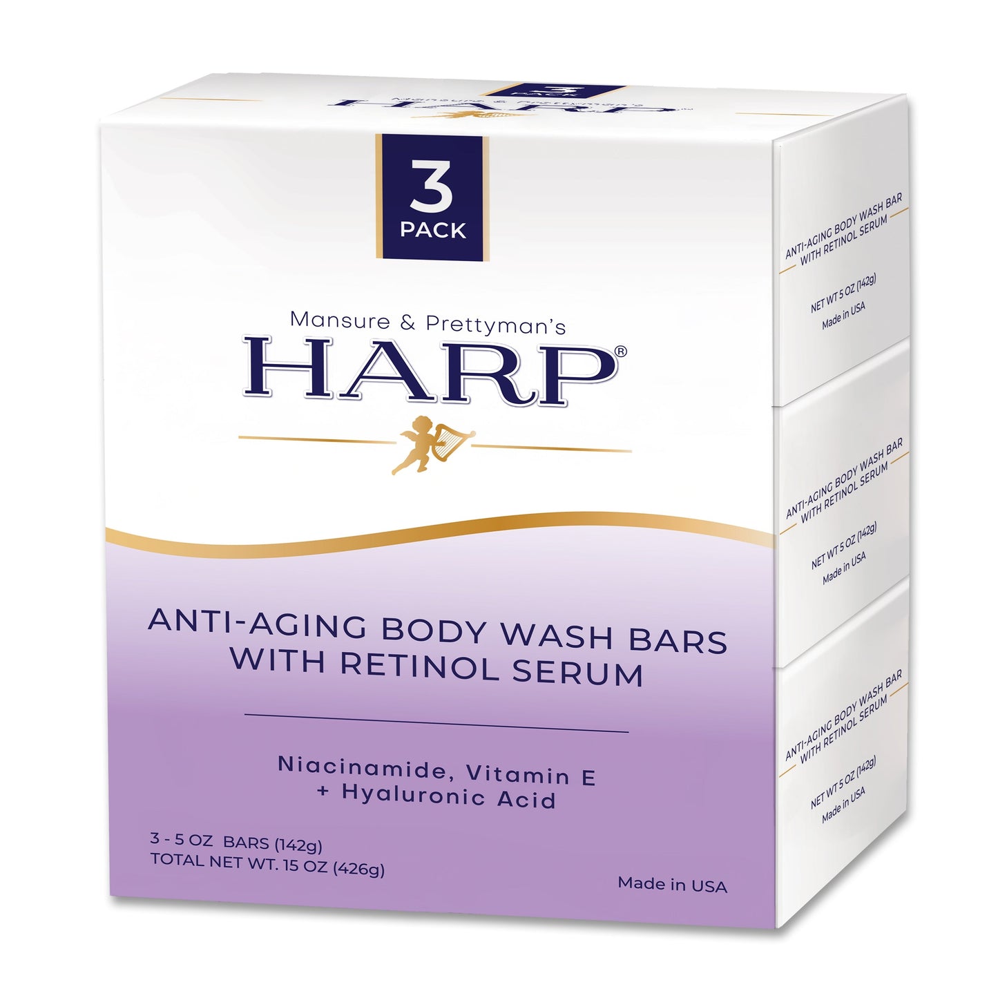HARP Anti-Aging Body Wash Bar With Retinol Serum + Niacinamide, Vitamin E, Hyaluronic Acid. 100% Syndet Base. Soap/Lye-Free and Fragrance Free