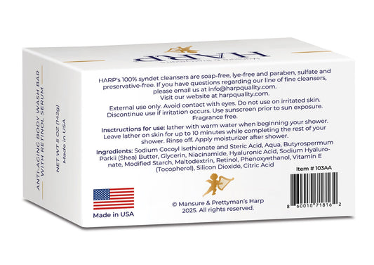 HARP Anti-Aging Body Wash Bar With Retinol Serum + Niacinamide, Vitamin E, Hyaluronic Acid. 100% Syndet Base. Soap/Lye-Free and Fragrance Free