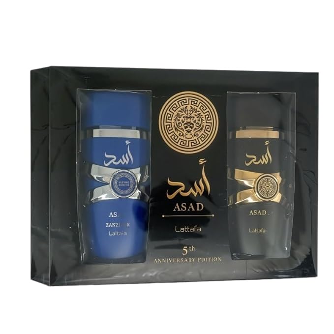 Lattafa Asad Gift Set Eau de Parfum includes (3.4 oz Asad+ 3.4 oz Asad Zanzibar) for Men