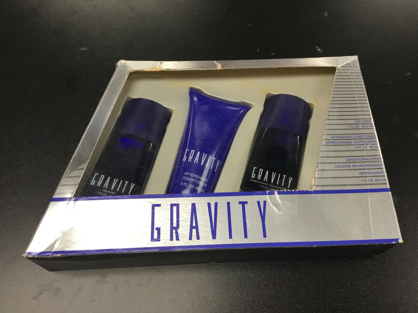 Gravity 3Pc Set Cologne Men includes 1oz Cologne, 3oz aftershave conditioner, 1oz conditioning Cologne spray
