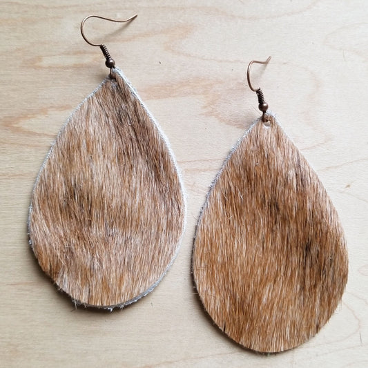**Leather Teardrop Earrings Tan and White Hair-on-Hide 222d