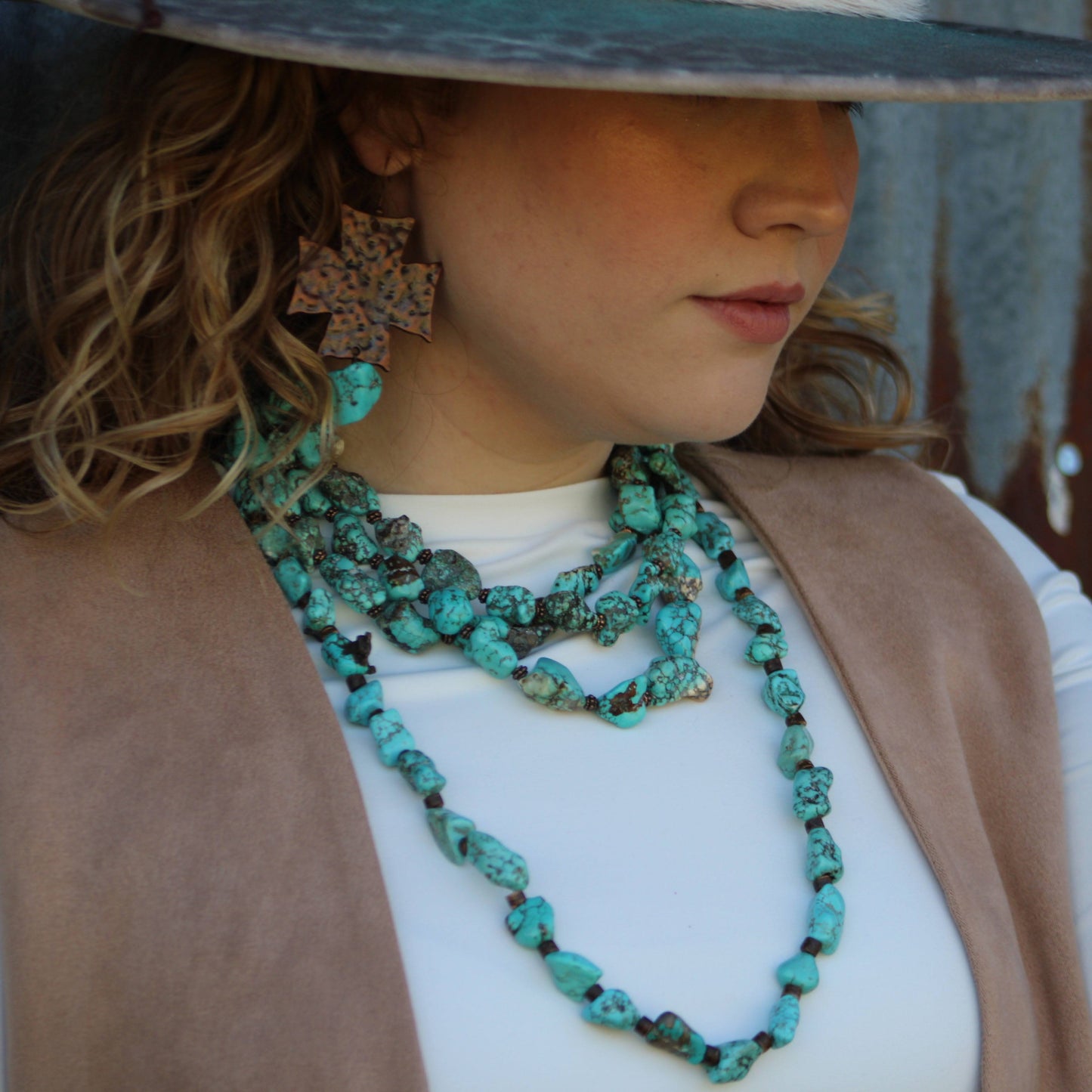 **Copper Cross Earrings w/ Blue Turquoise Chunks 220o