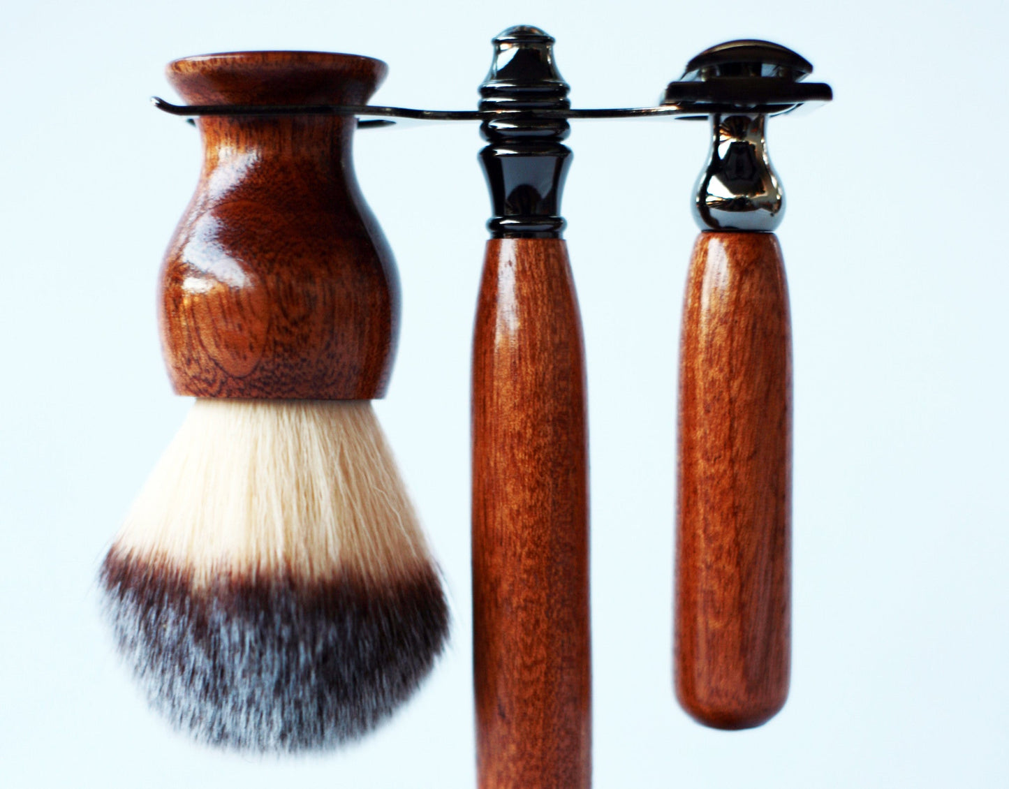 Mahogany Wood Hand Crafted Shave Set with Gunmetal Safety Razor, 26mm Lather Brush, and Matching Shave Stand