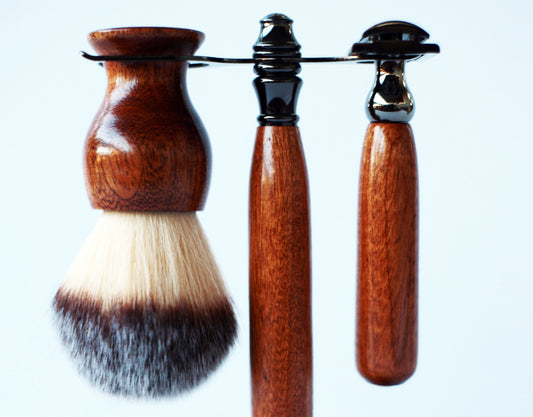 Mahogany Wood Hand Crafted Shave Set with Gunmetal Safety Razor, 26mm Lather Brush, and Matching Shave Stand