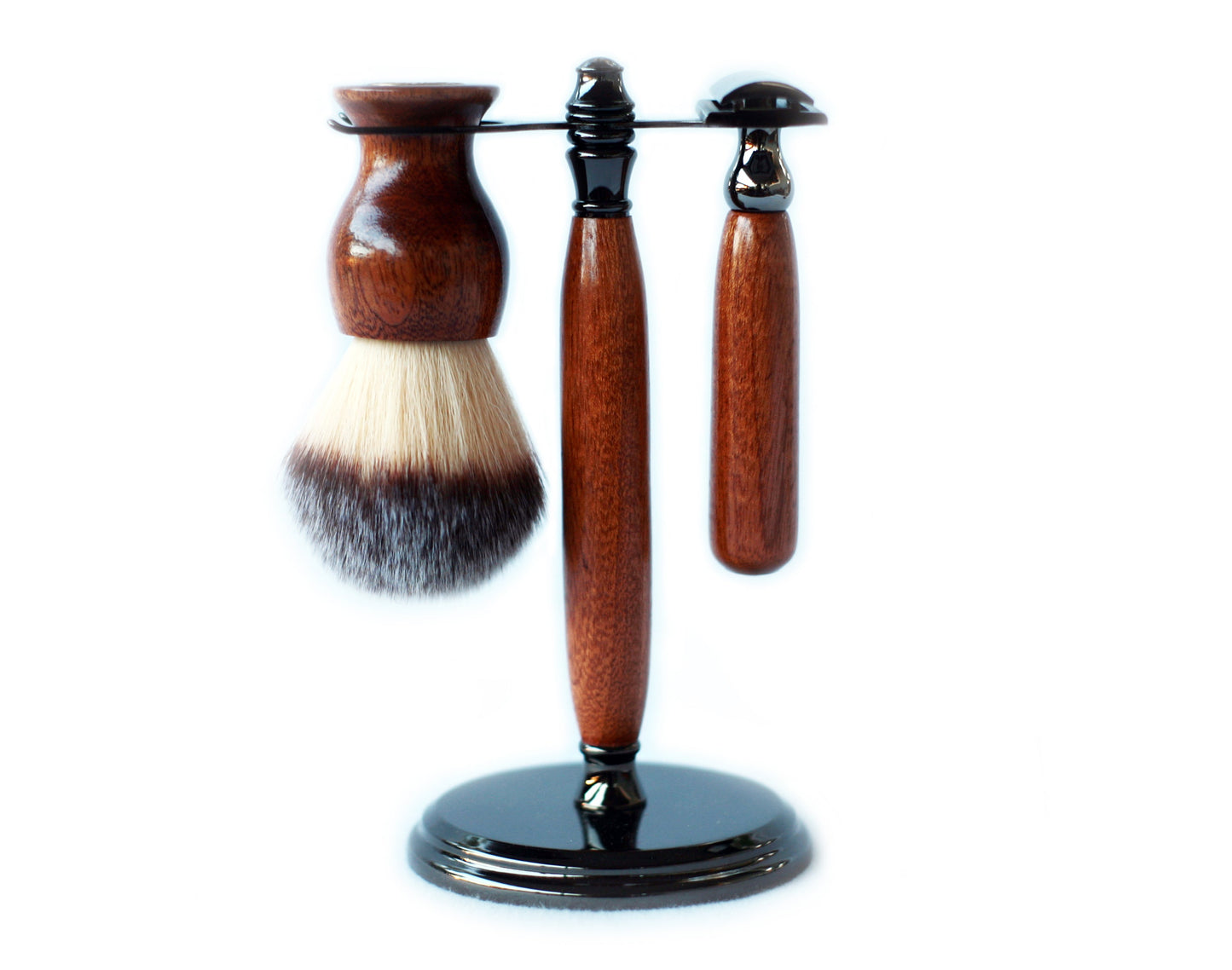 Mahogany Wood Hand Crafted Shave Set with Gunmetal Safety Razor, 26mm Lather Brush, and Matching Shave Stand