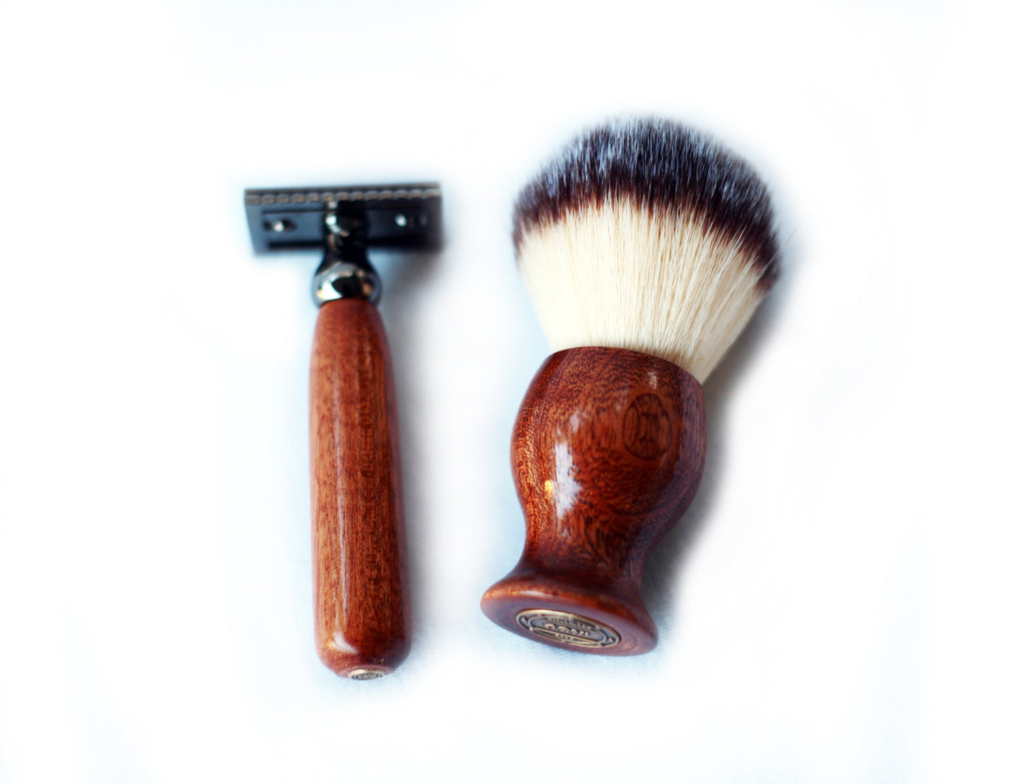 Mahogany Wood Hand Crafted Shave Set with Gunmetal Safety Razor, 26mm Lather Brush, and Matching Shave Stand