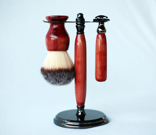 Aromatic Red Cedar Wood Hand Crafted Shave Set, safety razor, 26mm lather brush and a matching shave stand.