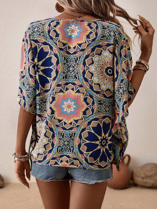 Boho Print V-Neck Short Sleeve Top – Summer Casual