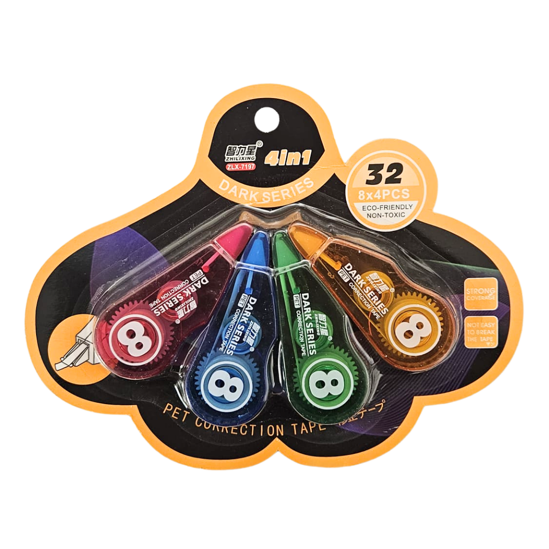 Cinta Correctora Mini Dark Series – Paquete de 4 (8M c/u)