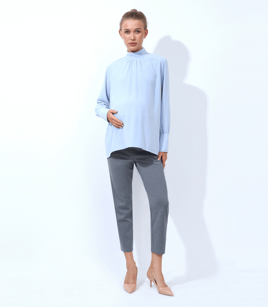 Sky Blue Long Sleeve Mock Neck Maternity Blouse