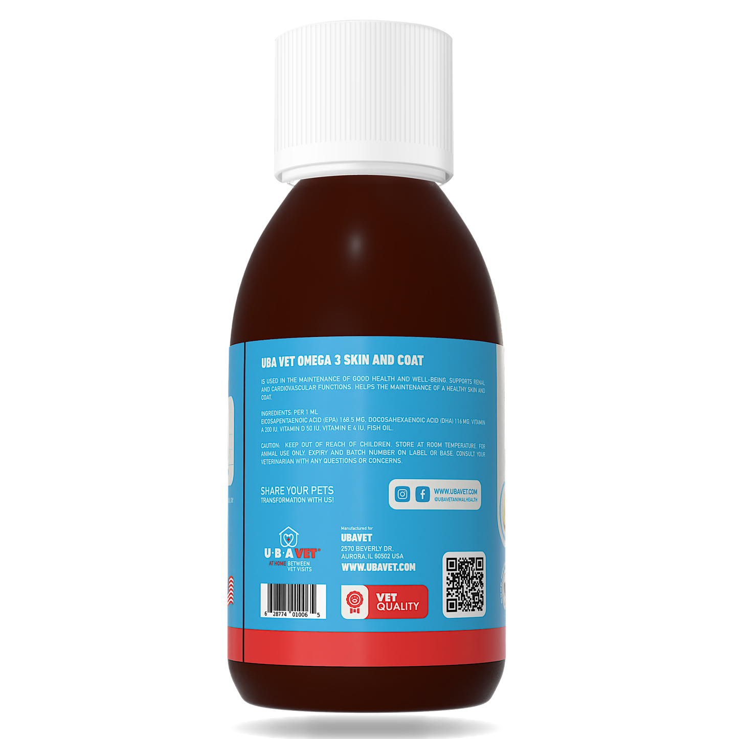 UBAVET Omega-3 Skin & Coat Health and Wellbeing Liquid for Dogs & Cats – 8 fl oz / 237 ml