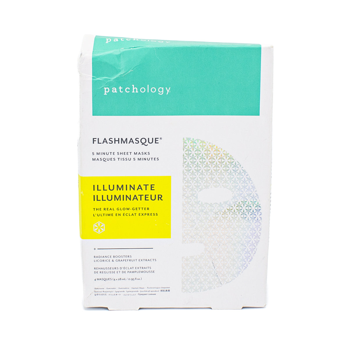Patchology FlashMasque ILLUMINATE 5 Minute Sheet Masks 4 PACK 0.95oz- Imperfect Box