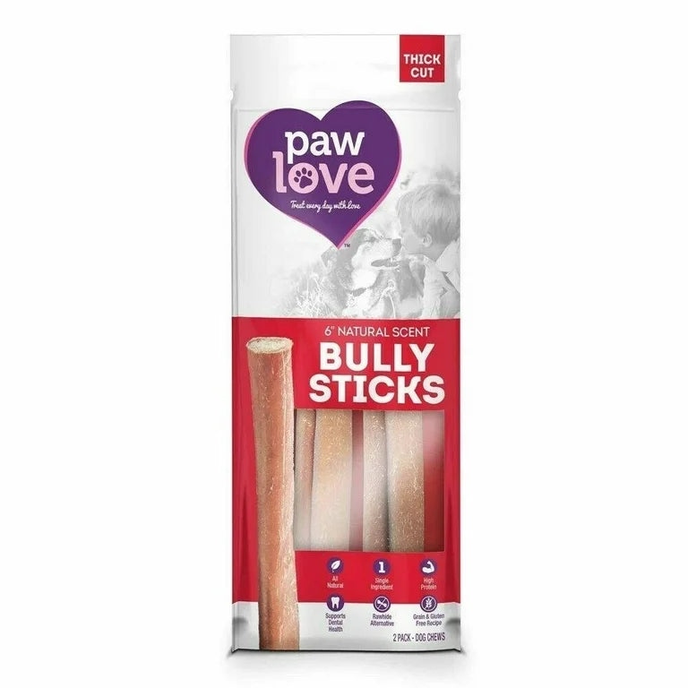Paw Love - Thick 6in Bully Sticks, 2 ct (Pack of 6) - Virginia Made Chews