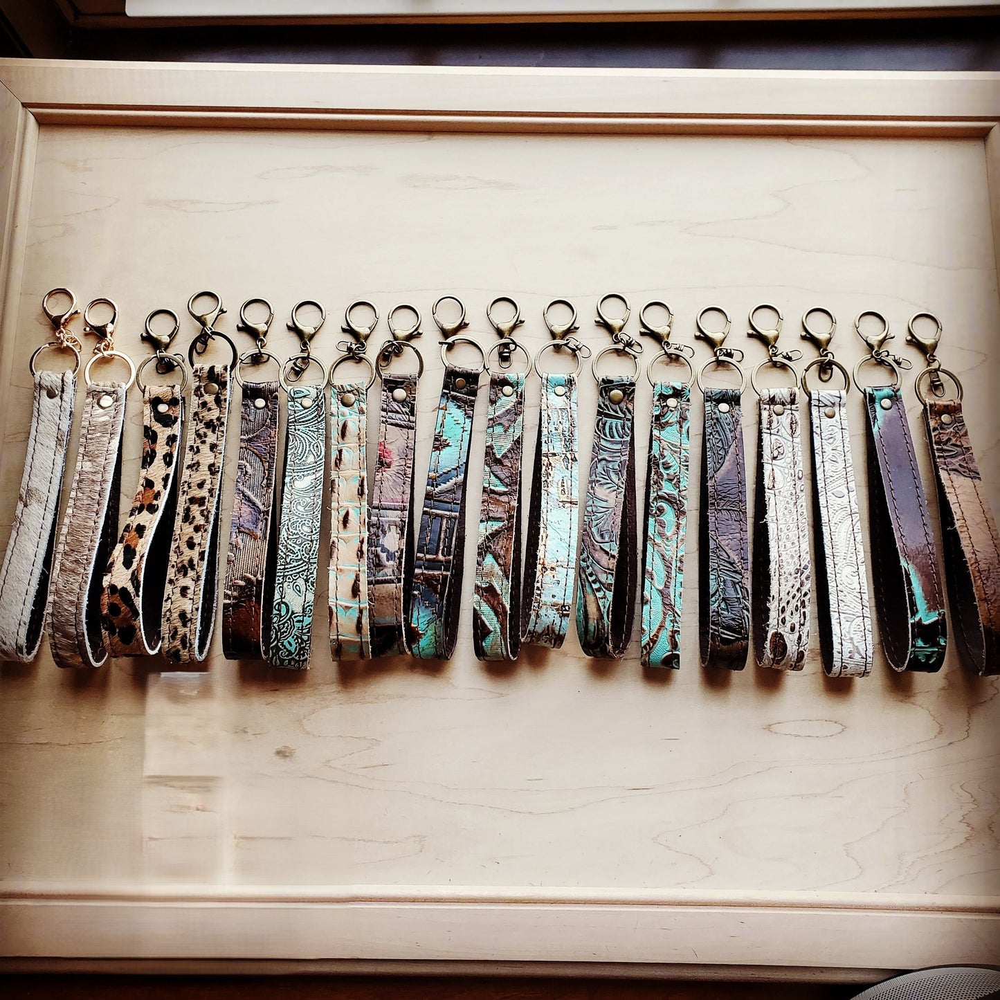 **Embossed Leather Key Chain Strap Turquoise Steer 701b