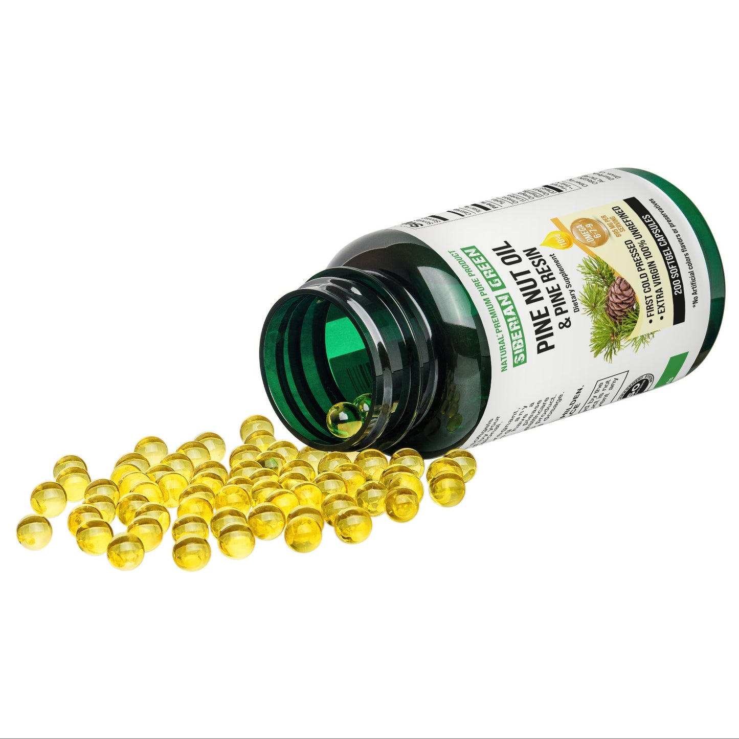 Siberian Pine Nut Oil with Pine Resin Capsules - 200 Softgels | Wild-Harvested, Cold-Pressed, Unrefined