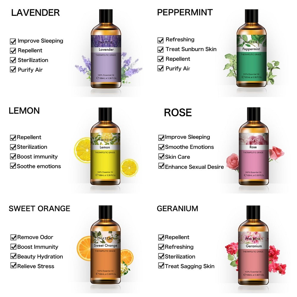 100ML Pure Natural Essential Oils Diffuser for Skin Care Rose Orange Lemon Lavender Rose Geranium Chamomile Avocado Aroma Oil