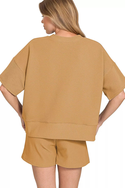 Zenana Ribbed Round Neck Waist Banded Tee & Shorts Set