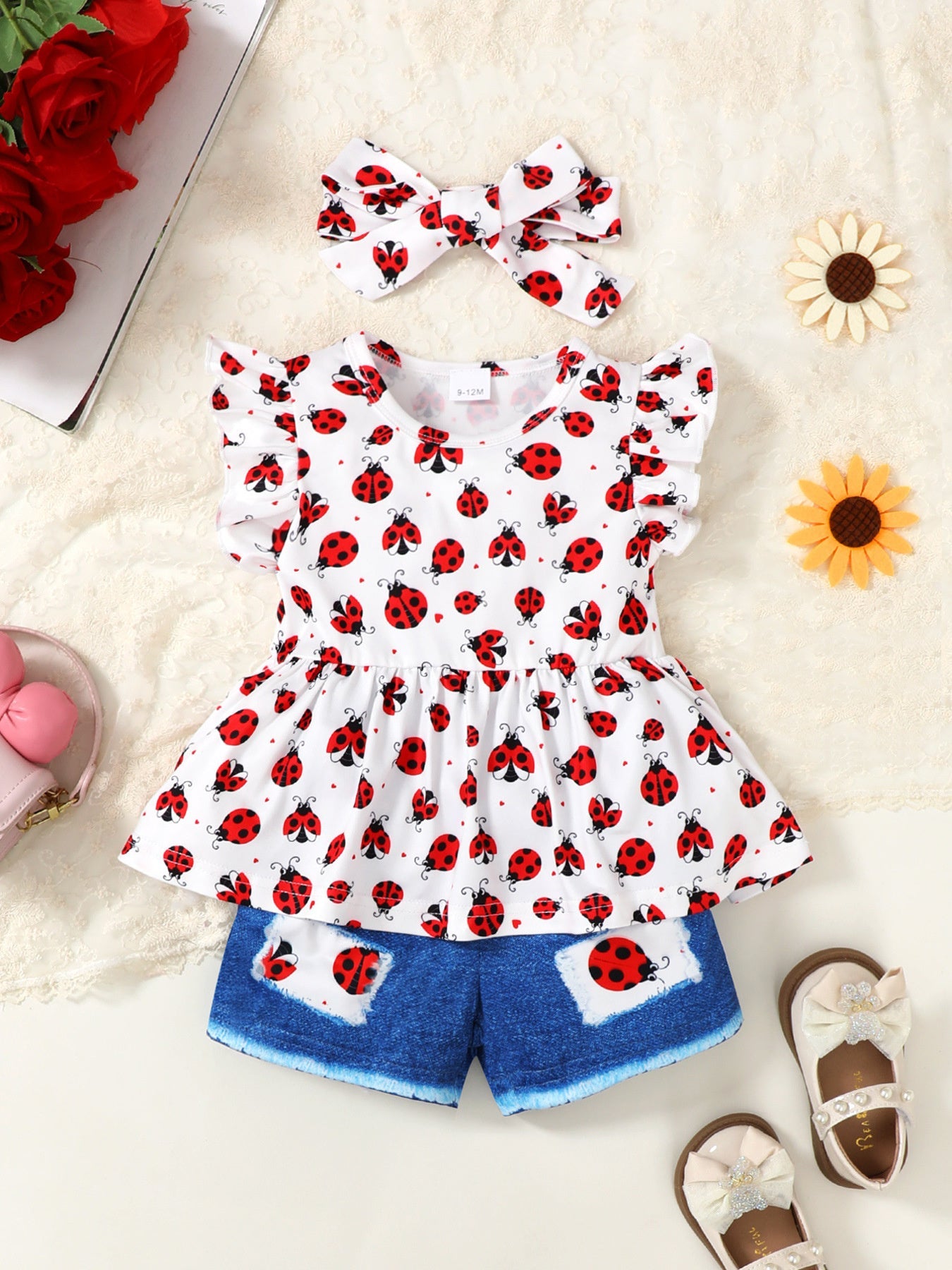 Children's Ladybug Print Ruffle Trim Top & Shorts & Headband Set