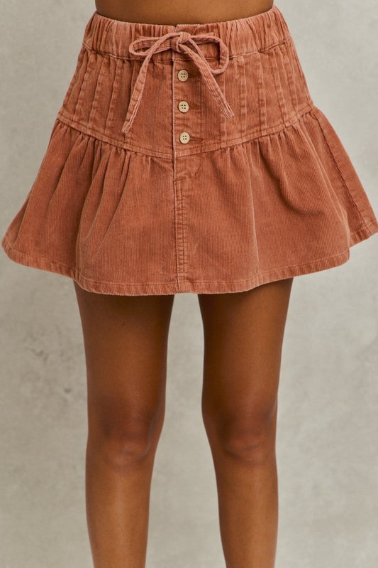 SO ME Mineral Wash Pintucked Corduroy Mini Flared Skirt