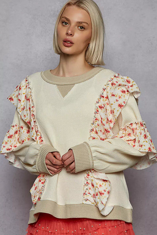 POL Round Neck Sweater with Floral Ruffle Detail