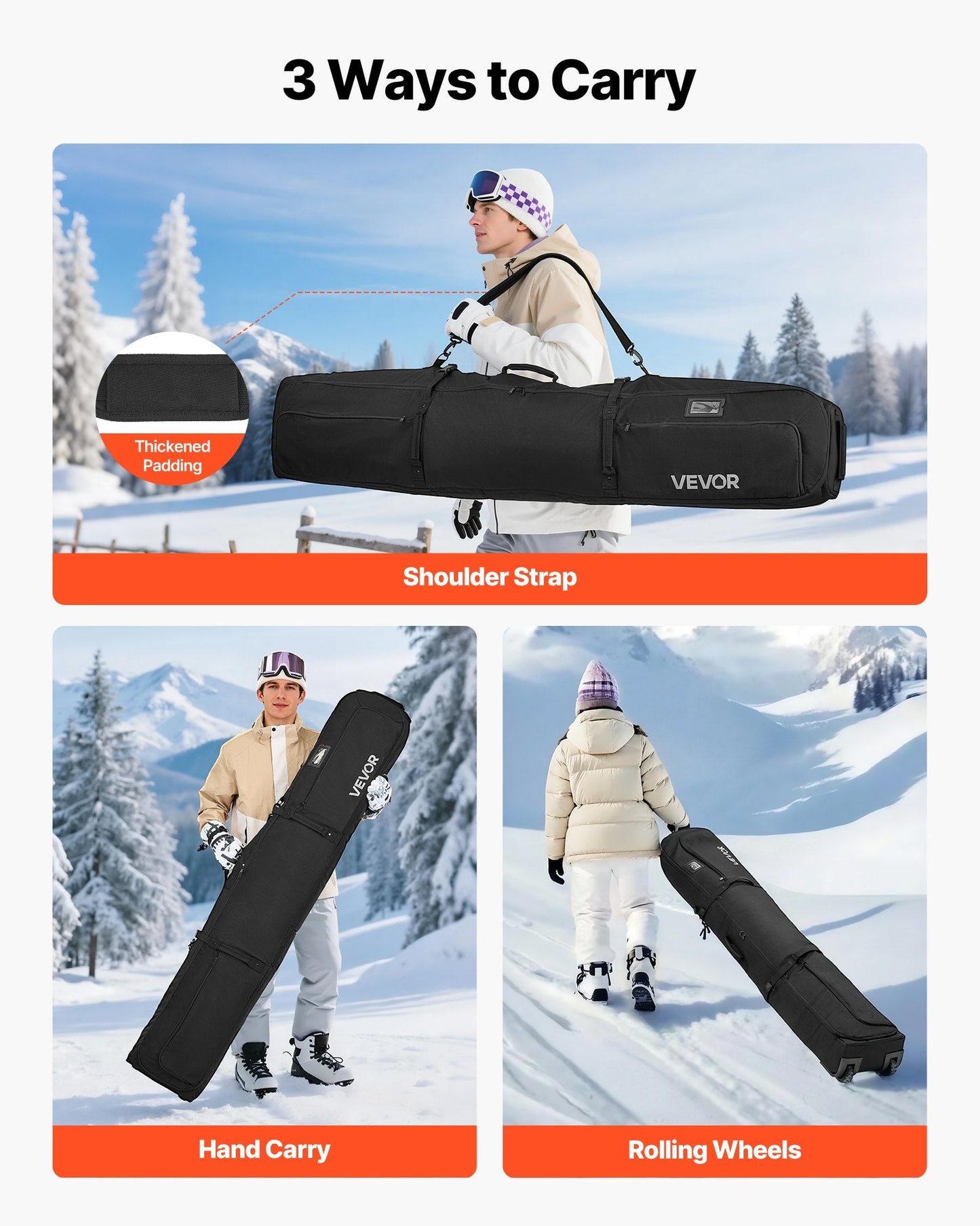 Ski Roller Bag, Up To 68.9 In/175 Cm, Padded Snowboard Bag With Wheels For Air Travel, 600D Waterproof Oxford Fabric, With Adjustable Straps, For Skis Poles Goggles Gloves Helmet Boots (Black)