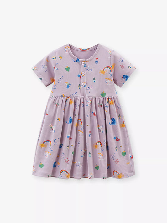 Children's Cartoon Print Button Front Casual Dress