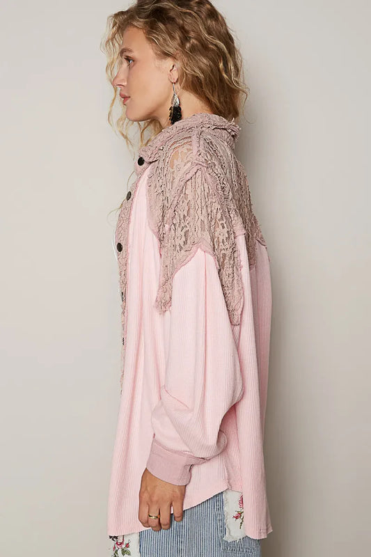 POL Lace Patchwork Button Up Shacket