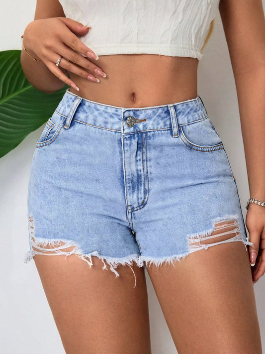 Distressed Raw Hem Denim Shorts