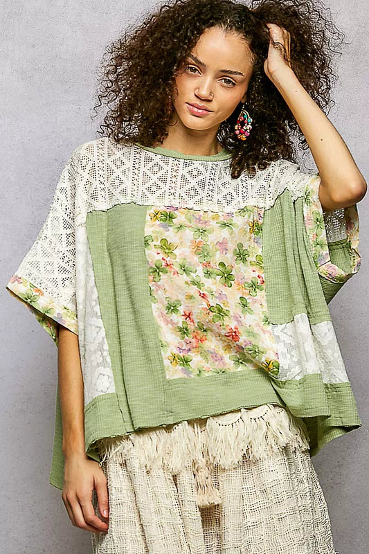 POL Floral Patchwork Lace Accent Blouse