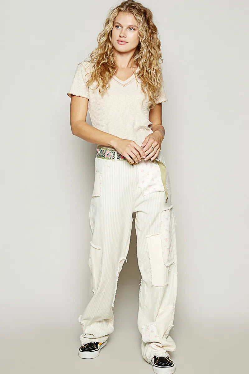 POL V-Neck Short Sleeve Ribbed T-Shirt with Contrast Overlock Stitching