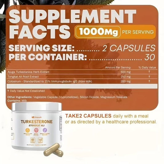 Turkesterone & Tongkat Ali Supplement , 60 Vegan Capsules, Lean Muscle Growth, Stamina Boost & Muscle Recovery