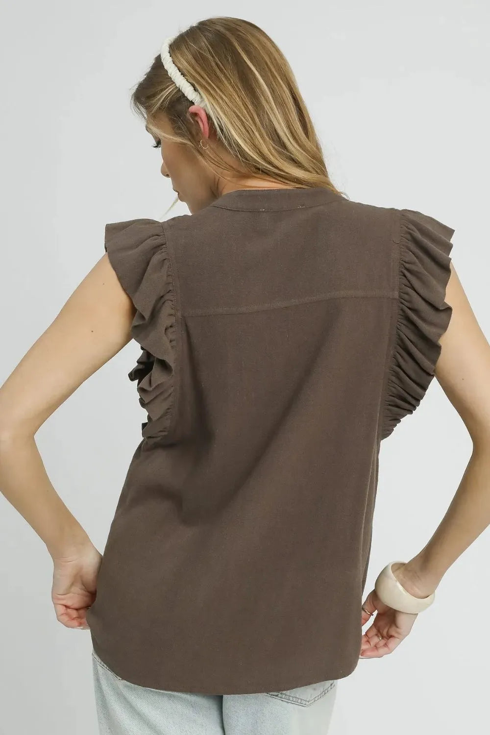 Umgee Linen Ruffle Sleeve Button-Down Shirt