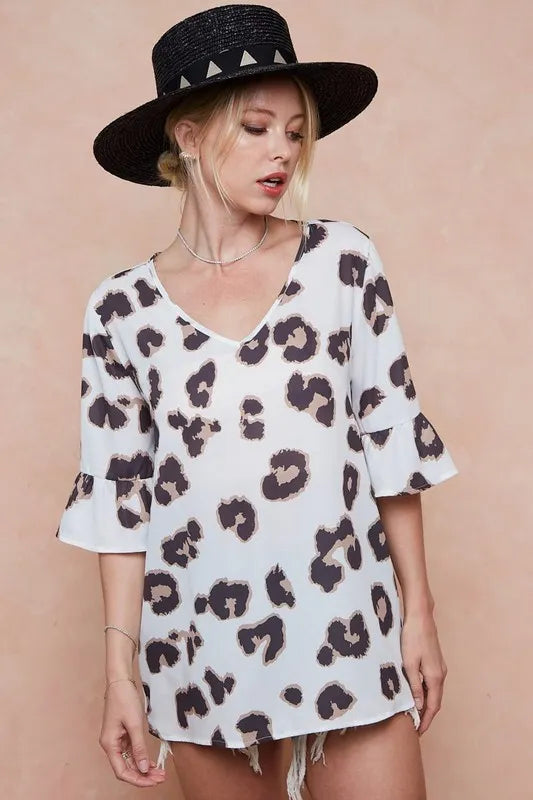 BiBi Leopard Printed V Neck Woven Top with Ruffled