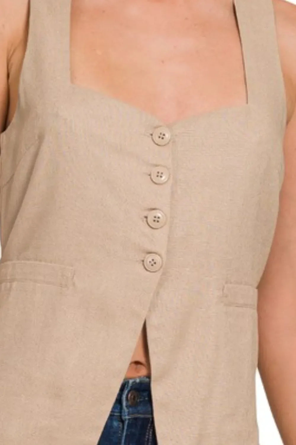 Zenana Linen Tie-back 4-button Vest with Lining