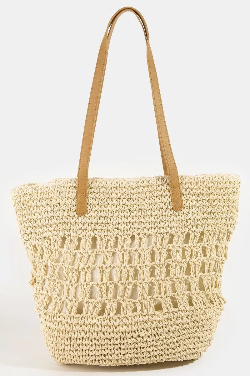 Fame Intricate Straw Braided Large Tote Bag