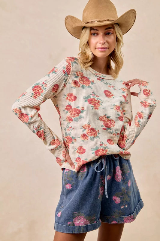 BiBi Floral Print Washed Waffle Thermal Top With Thumb