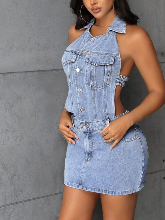 Backless Sleeveless Button Front Denim Mini Dress