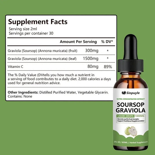 Soursop Graviola 1800mg Ultra Concentrated Liquid Drops - Leaf & Fruit Herbal Supplement, Immune Support, 60ml