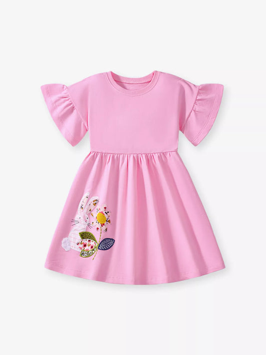 Children's Bunny Embroidered Round Neck Dress